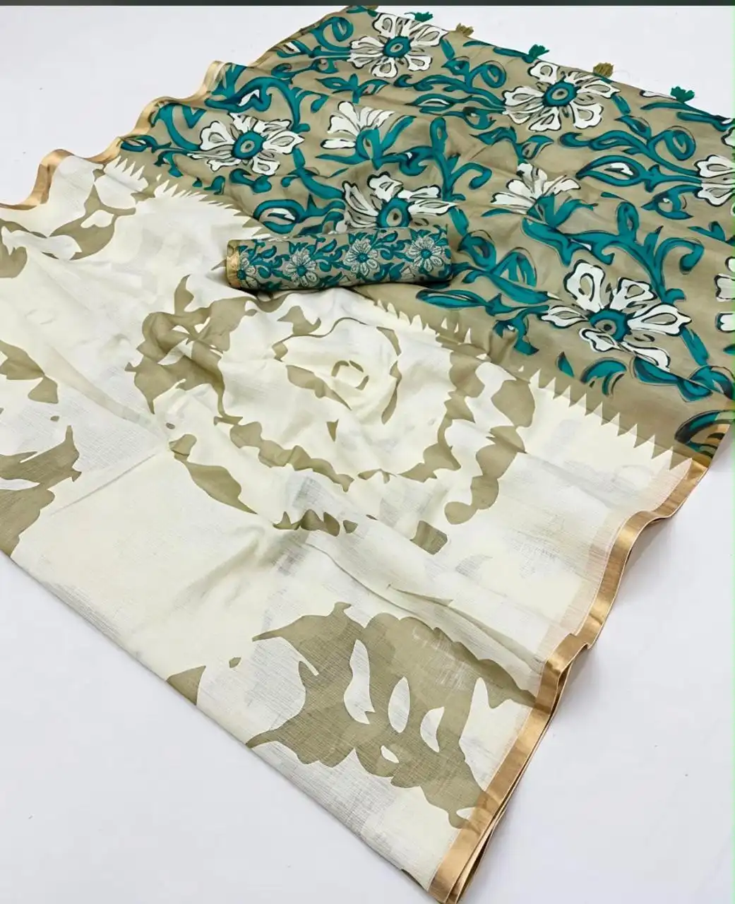 Linen Cotton All-Over Printed Contrast Pallu Saree